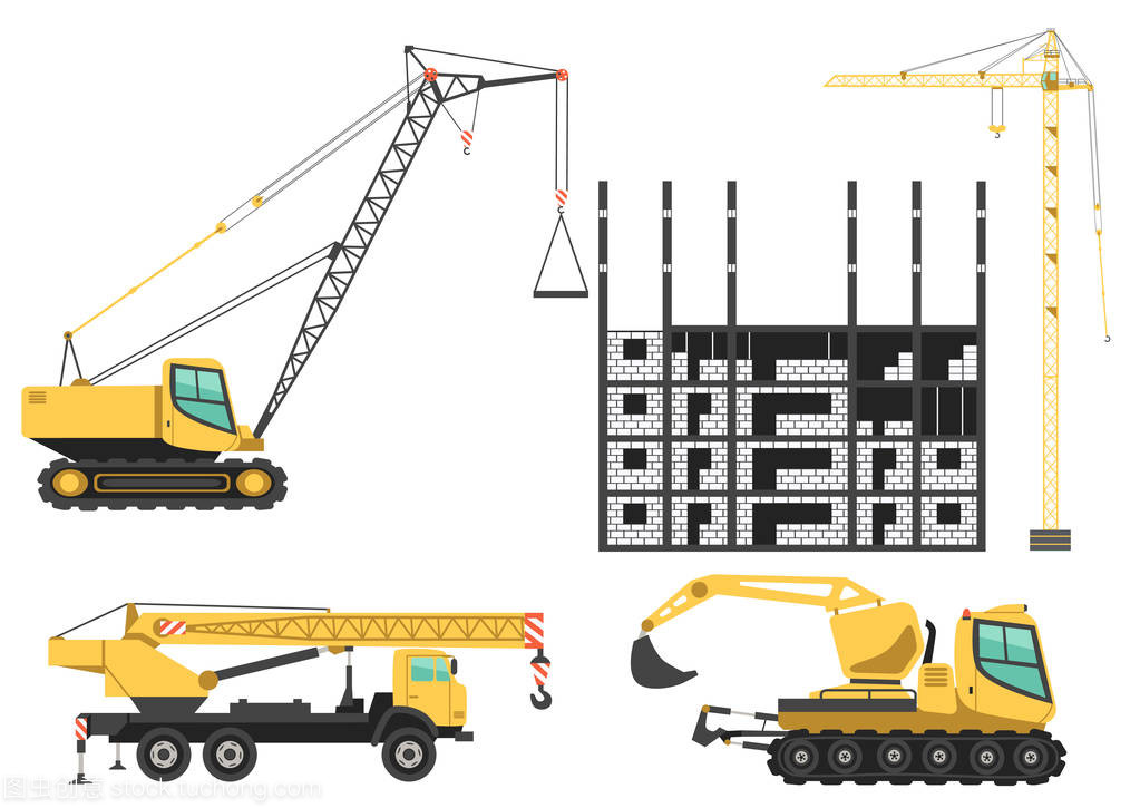 建筑起重機(jī)和工程施工現(xiàn)場(chǎng)的機(jī)械。顏色矢量圖標(biāo)集